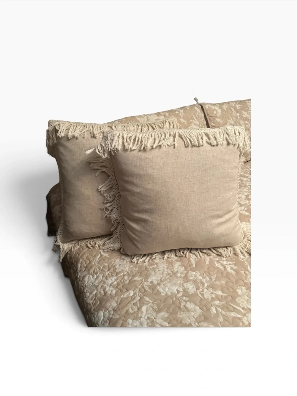 Down Filled Neutral Fringe Decorative Throw Pillow Set - Beige